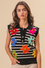 Load image into Gallery viewer, BiBi Flower Patch Striped Half Button Sweater Vest