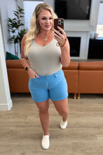 Load image into Gallery viewer, Celeste Mid Rise Shield Pocket Cutoff Shorts in Sky Blue