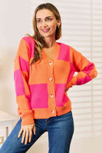 Load image into Gallery viewer, Woven Right Checkered V-Neck Dropped Shoulder Cardigan